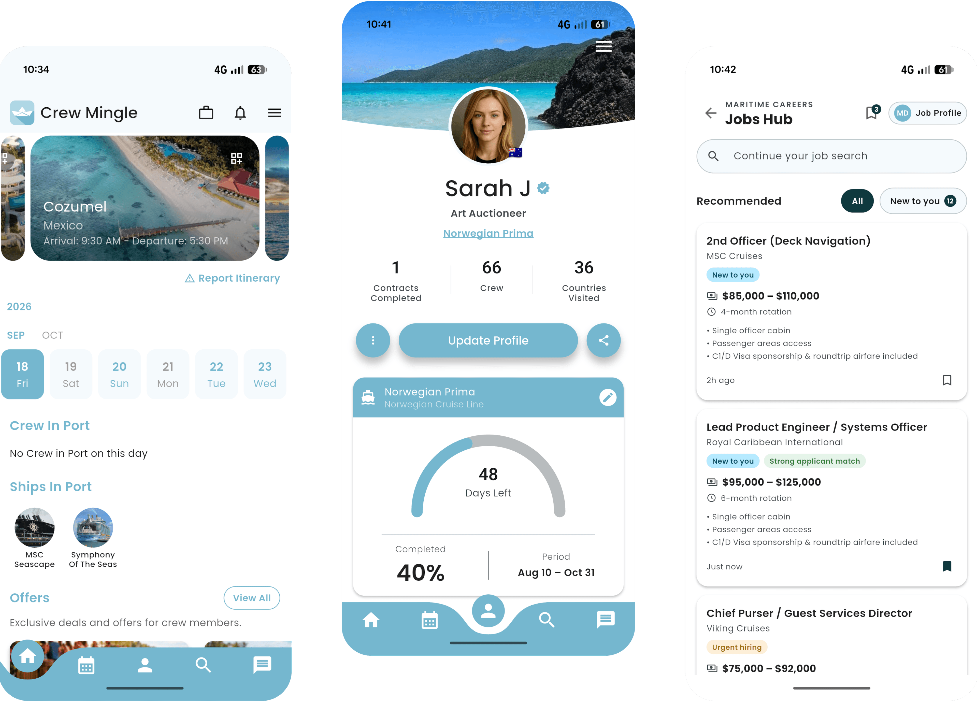Crew Mingle app — drag to compare light and dark mode